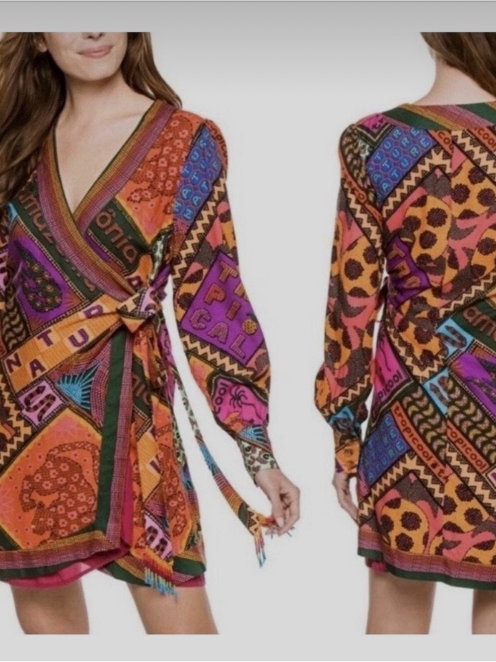 FARM Rio Dotted Patch Scarf Wrap Mini Dress Long Sleeve Beaded Tassel M NWOT